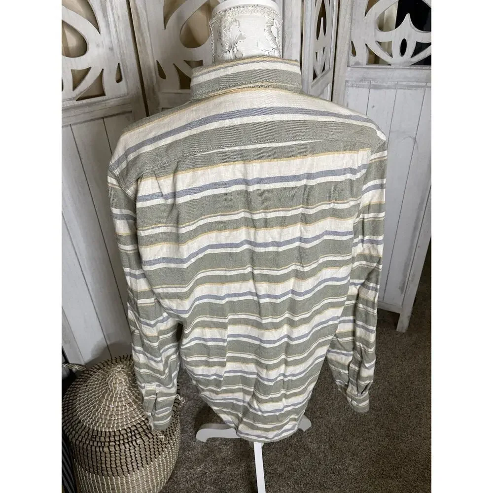 J.Crew New York Striped Shirt Green Cream Button Down Cotton Size Large
